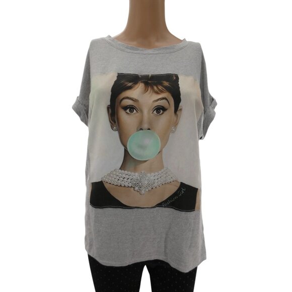 Audrey Hepburn Art Gray French Terry Tee Sz M Italian Soft Grunge Y2K Aesthetic - Picture 1 of 15